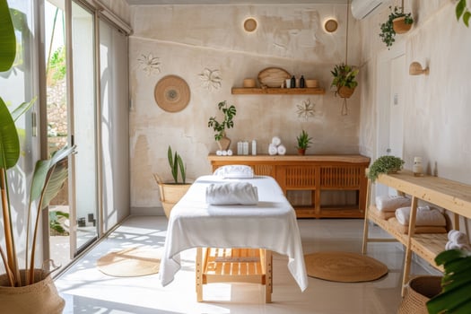 Modern stylish room with massage table in a spa salon. White walls, natural wooden furniture, daylight. photo