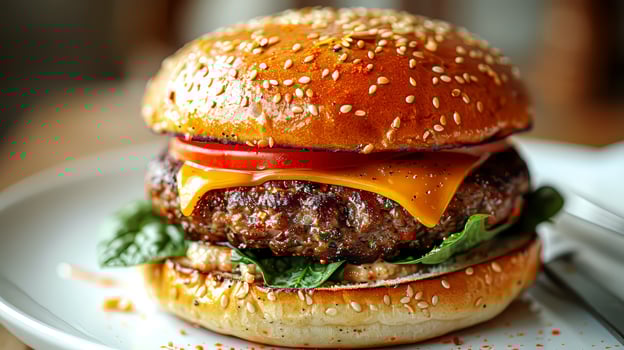 Delicious cheeseburger with beef, cheese, tomato and lettuce. photo