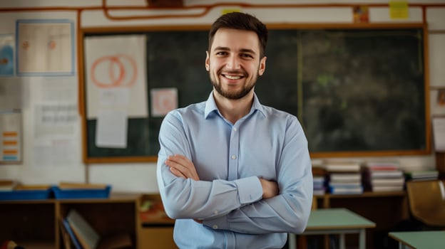 Smiling Male Teacher Standing with Arms Crossed in Classroom Sun at Blackboard Education, School, Russian Teacher, Teaching, Academic photo