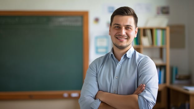 Young Polish Male School Teacher Standing Confidently in Classroom Ideal for Educational Posters and Promotional Material photo