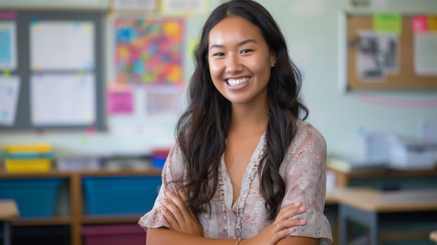 Confident Young Pacific Islander Woman Smiling in Classroom Setting, Ideal for Educational and Multicultural Themes photo