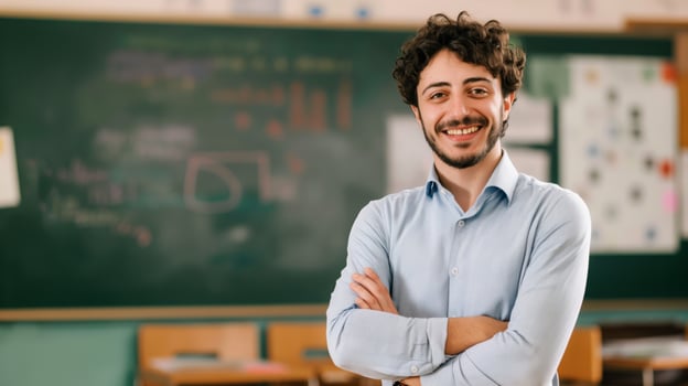 Confident Young Male Teacher in Classroom with Chalkboard Background, Embracing Education and Leadership photo