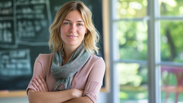 Confident Young German Female School Teacher Standing with Crossed Arms in Classroom for Education or Print Design photo