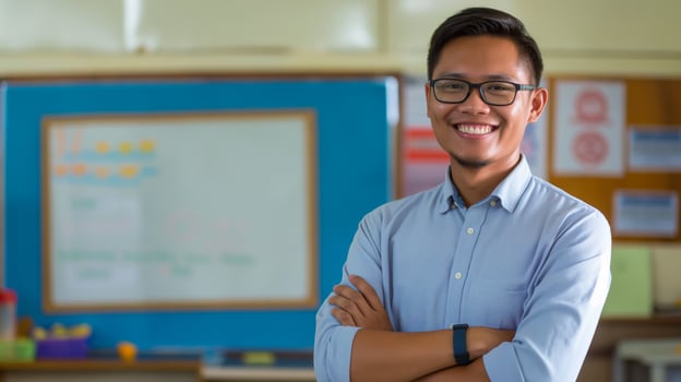 Confident Filipino Male Teacher in Classroom Setting with School Poster Design Background for Education Concepts photo