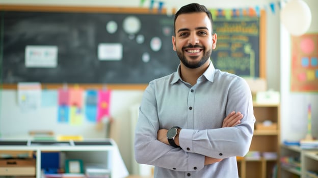Confident Male Middle Eastern School Teacher Smiling in Classroom Education, Diversity, and Confidence photo