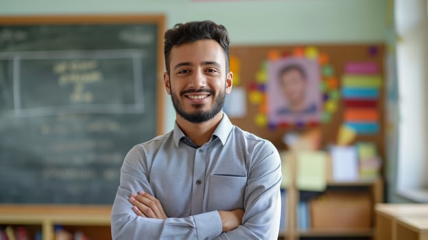 Confident Young Male Teacher in Classroom, Education and Diversity, School Environment, Embracing Learning photo