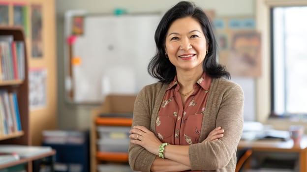 Southeast Asian Female Teacher in Classroom, Leading Education, Professional Educator, School Environment, Diverse Representation photo