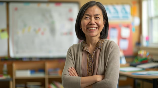 MiddleAged Southeast Asian Female Teacher Smiling in Classroom, Education, Diversity, Professionalism photo