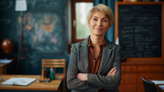 Confident Russian Female School Teacher in Classroom Setting Ideal for Education, Instruction, Professionalism, Learning, Teaching Concepts photo