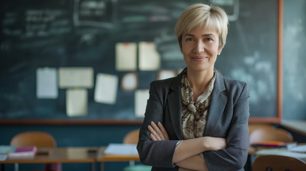 Confident MiddleAged Polish Female School Teacher in Classroom Setting, Perfect for Educational and Professional Content photo