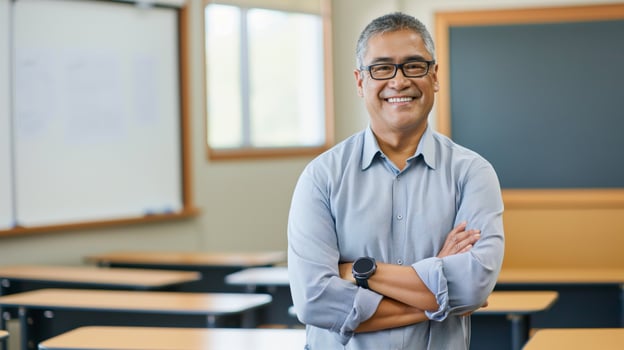 Confident Middle Aged Pacific Islander Man Standing in Classroom with Arms Crossed, Professional and Educational Setting photo