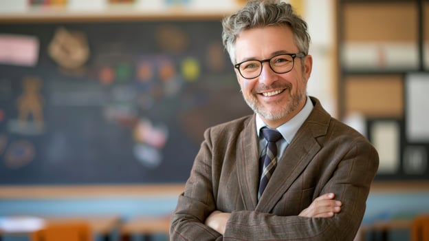 MiddleAged Male School Teacher Smiling in Classroom Education and Learning Concept for Posters and Print Design photo