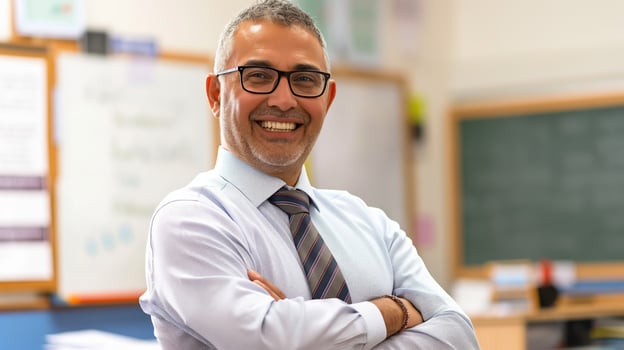 Middle Eastern Male School Teacher Smiling in Classroom, Education, Professionalism, Diversity, Portrait for Print, Card, Poster photo