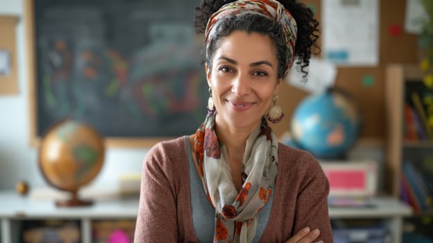 Middleaged Jewish Female School Teacher Smiling Kindly in Classroom Setting, Perfect for Educational and Cultural Themes photo