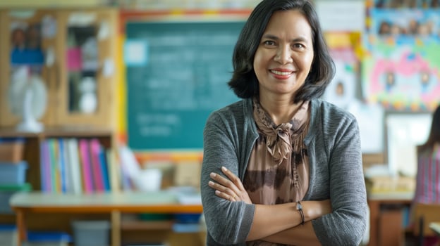 Indonesian Female Teacher Smiling in Classroom, Education and Learning, Diversity Concept, Ideal for Print, Card, Poster Design photo