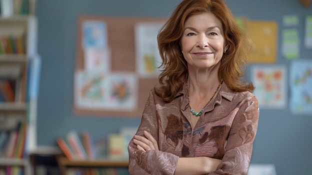 Confident Middleaged French Female School Teacher Standing in Classroom with Arms Crossed photo