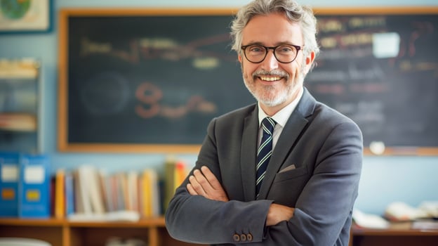 Confident Middle Aged Male French Teacher Standing in Classroom, Educational Environment, Academic Setting photo