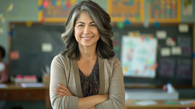 Friendly MiddleAged Female Teacher in Classroom, Embracing Diversity, Education Concept photo