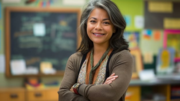 Middleaged Female Teacher Smiling in Classroom, Education, Diverse Background, Professional School Environment photo