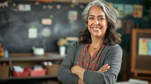 MiddleAged Female Teacher with Kind Smile in Classroom Setting, Education and Learning photo