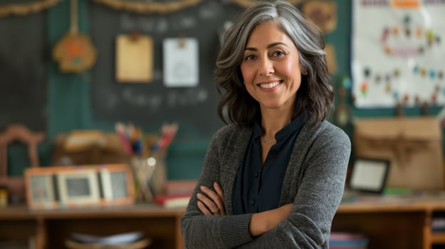Middle Aged Female Teacher with Kind Smile in Educational Environment for Classroom, Poster, Design photo