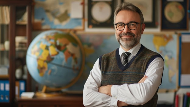 Confident MiddleAged Male Teacher with Glasses in Classroom, Smiling, Arms Crossed, Background with Globes and Maps photo