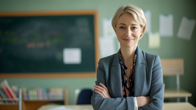 Middle Aged Eastern European Female School Teacher in Classroom with Blackboard Background for Educational Use photo