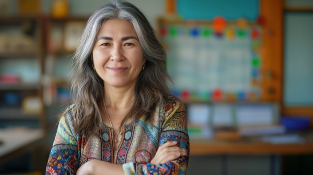 Confident MiddleAged Central Asian Female School Teacher Smiling in Classroom Setting Education, Diversity photo