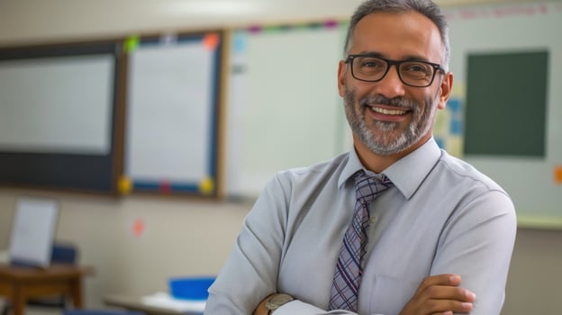Middle Aged Arab Male School Teacher Smiling Warmly in Classroom Setting for Educational and Professional Use photo