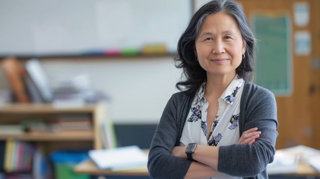 A woman is sitting in a classroom with her arms crossed and smiling happily photo