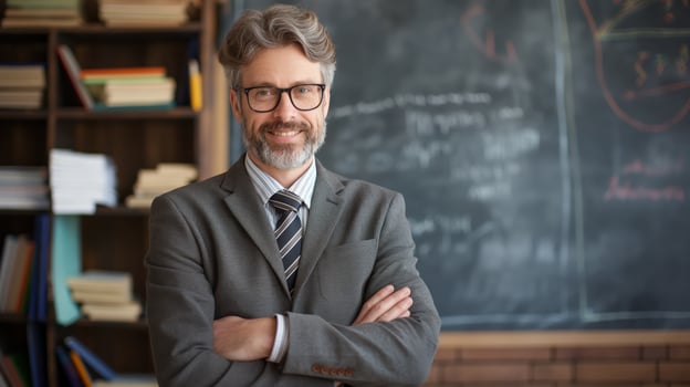 A man in a suit and tie stands in front of a blackboard with crossed arms photo