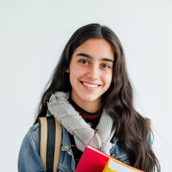 Brunette Female College Student Carrying Books and Smile to Camera photo