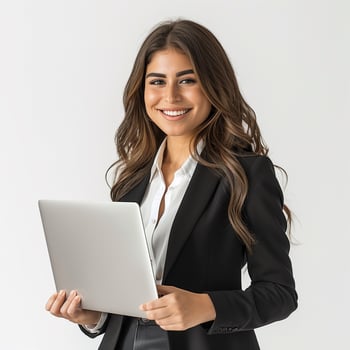 Office Lady Smiling to Camera Carrying Her Laptop photo