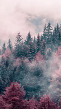 Pink trees emerge from a misty forest photo