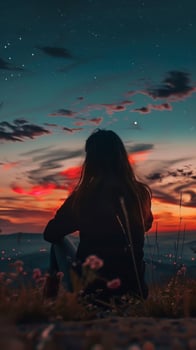 One person sits watching a beautiful sunset, outlined by stars photo