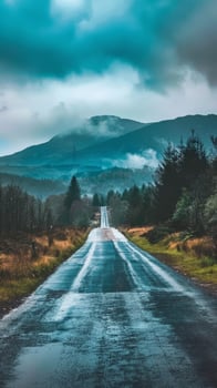 A long, winding road disappearing into a misty mountain landscape photo