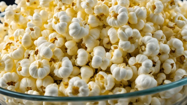 Macro shot of Popcorn in glass bowl. Close up of products made from corn as raw material by heat cook photo