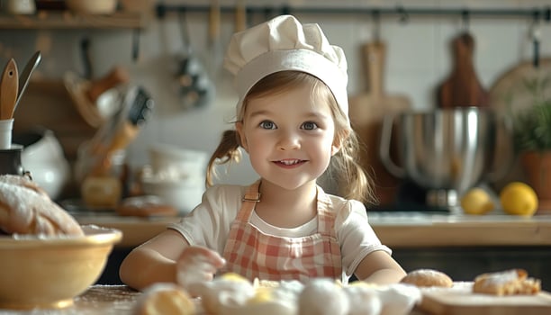 Child learning to bake, educational concept, editorial advertising photography, vibrant and inviting kitchen environment, empty copy space for text on side photo