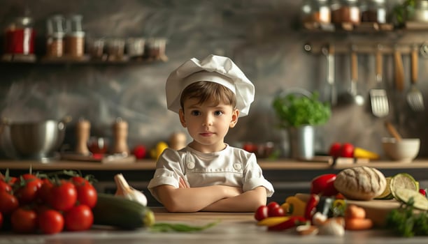 A kid participating in a cuisine workshop, educational concept, editorial advertising photography, vibrant and interactive kitchen setting, empty copy space for text on side photo