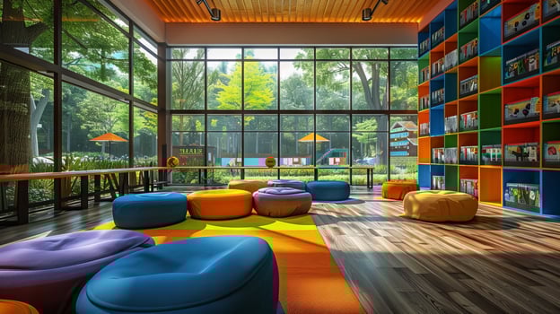 Modern colorful library with bean bags and large windows photo