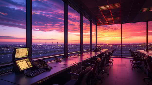 Modern control room with panoramic view of a sunset photo