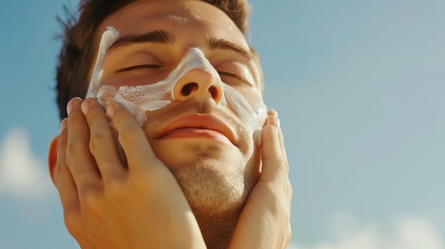 make a man taking care of his face using sun screen hd quality, natural look photo