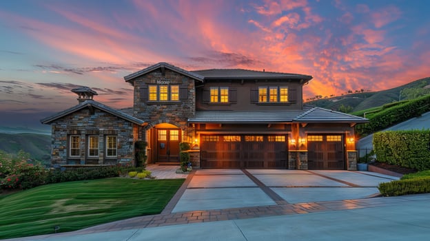 Beautiful house exterior at sunset with lit windows photo