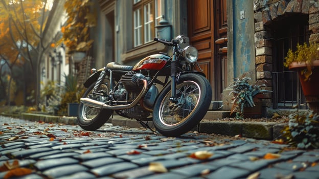 Vintage motorcycle parked on a cobblestone street photo