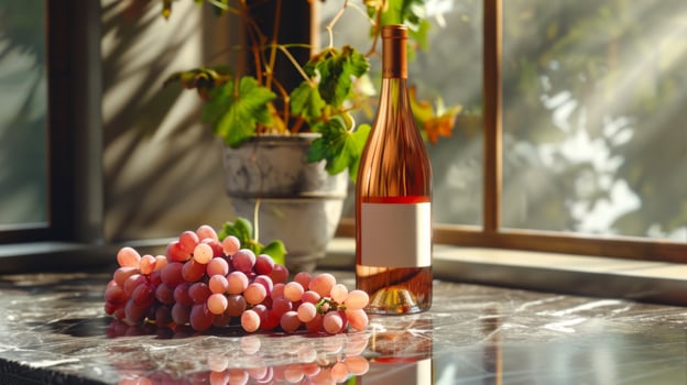 Grapes and wine bottle on a sunny windowsill photo