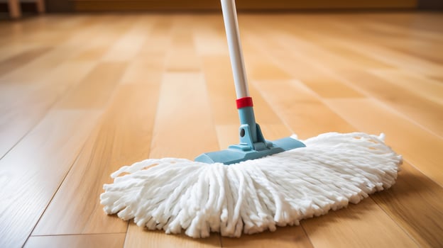 Mop on light tile floor, closeup. Neural network photo