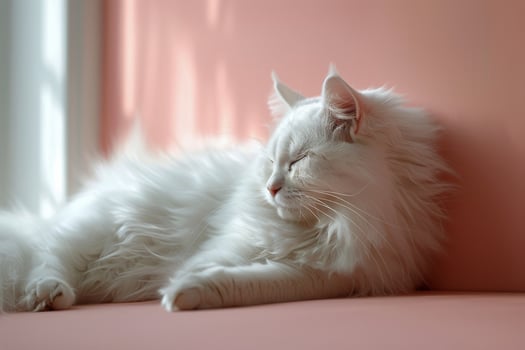 White Cat Sleeping on Pink Blanket photo