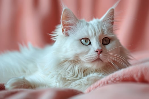 White Cat Laying Down on Pink Blanket photo