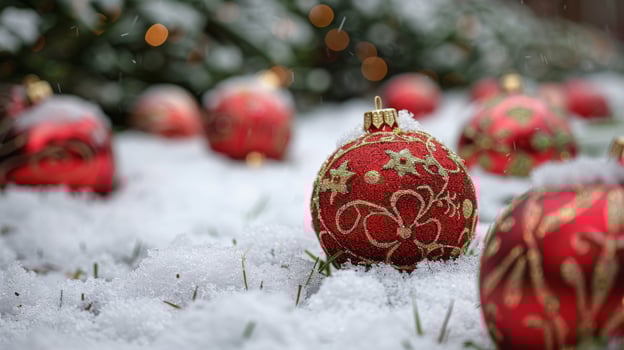 Group of Red Ornaments on Snowy Ground photo