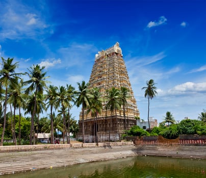 Gopura tower and temple tank of Lord Bhakthavatsaleswarar Temp photo